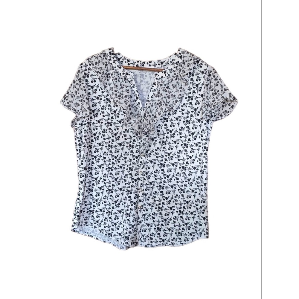 Perception Concept Floral Ruffle Blouse Women XL White Black Excellent V-Neck